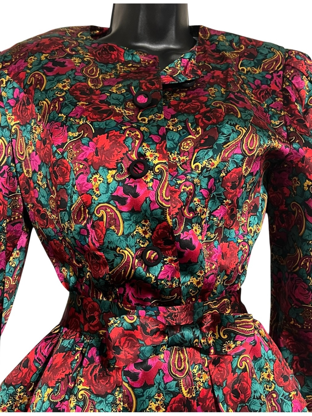 Vintage Nipon Boutique Silk Dress Floral Paisley Peplum Belted Long Sleeve